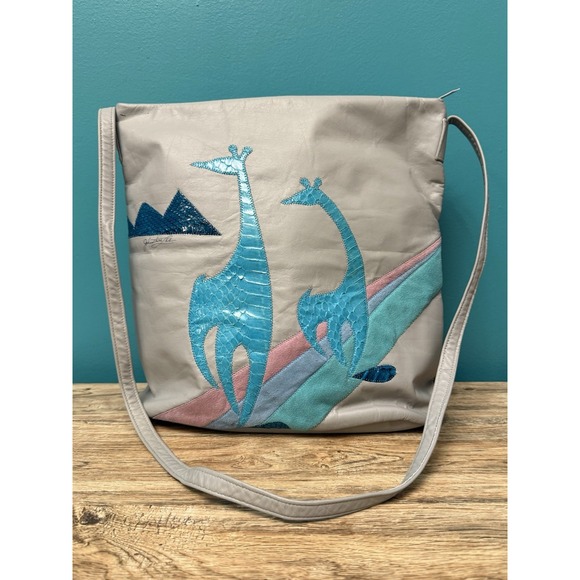 80s Johnathan Lee Signed Leather Shoulder Bag Giraffe Applique Inlay Art Purse